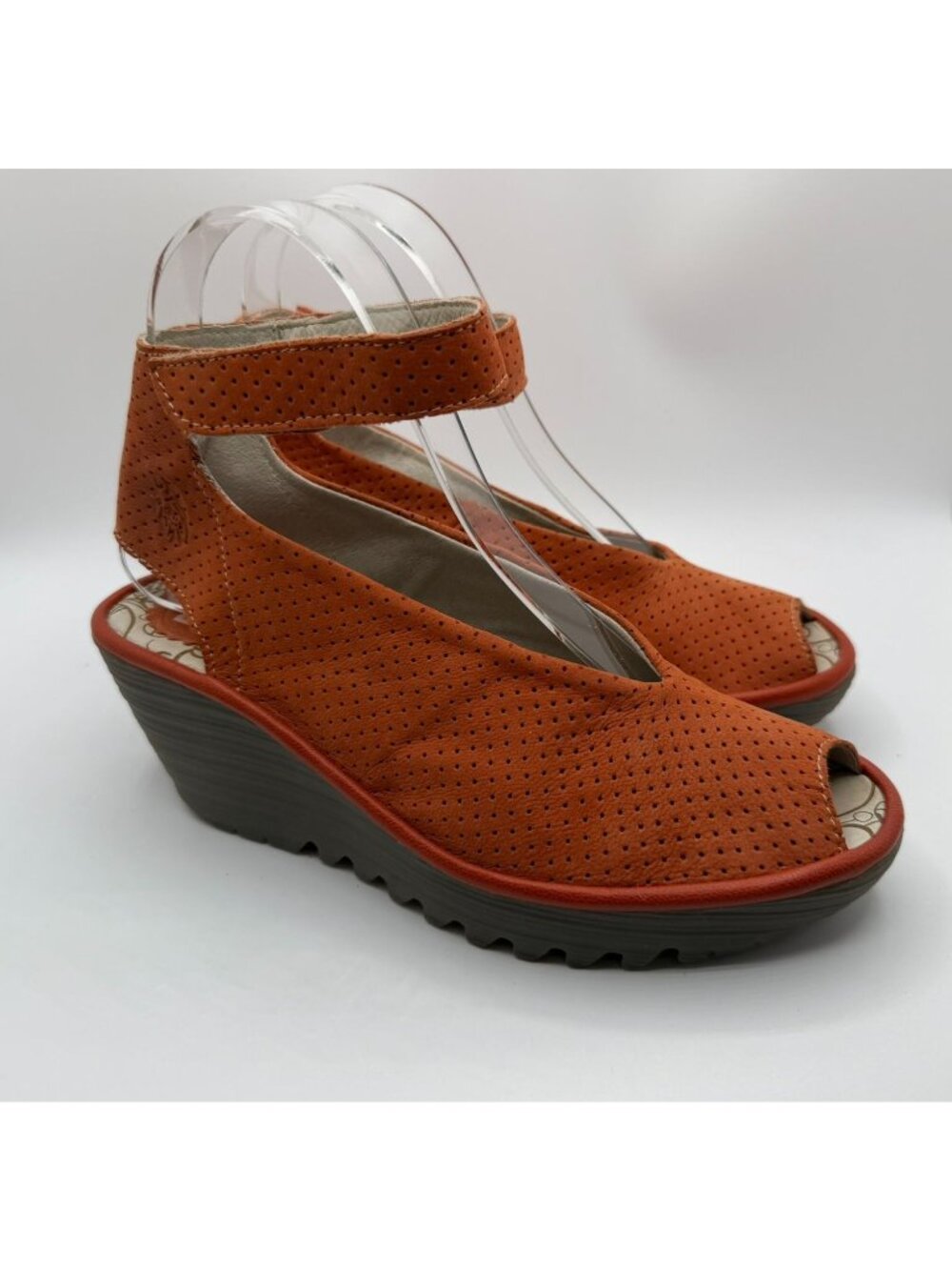 Fly London Yala Wedge Sandal Size EU37/ US6.5 Orange Perforated Leather Shoes